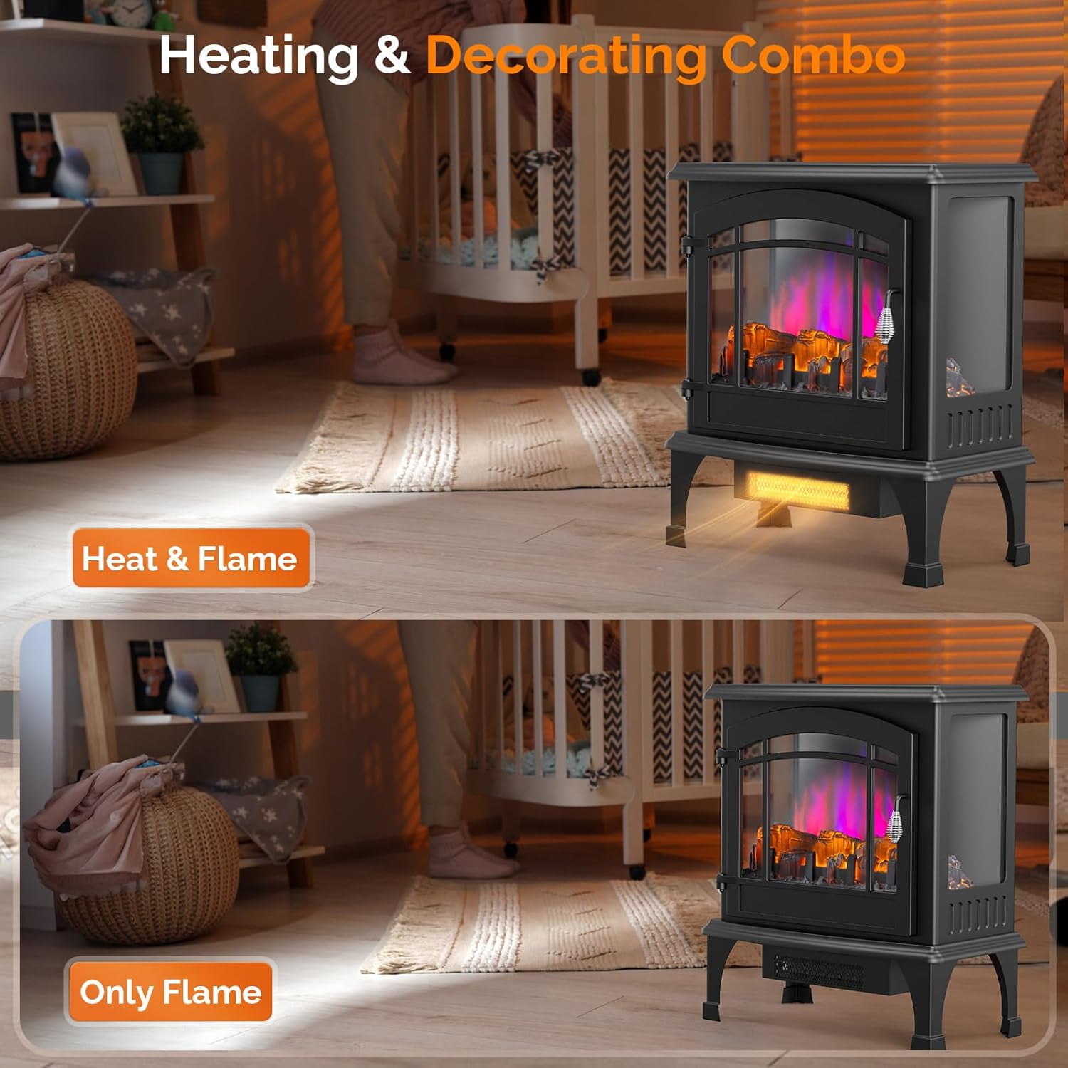 VINGLI Electric Fireplace Stove, 23''W Freestanding Heater with Remote, Timer, Realistic Flame Effect, Adjustable Temperature, Overheat & Tip-Over Protections for Bedroom Living Room, 1400W