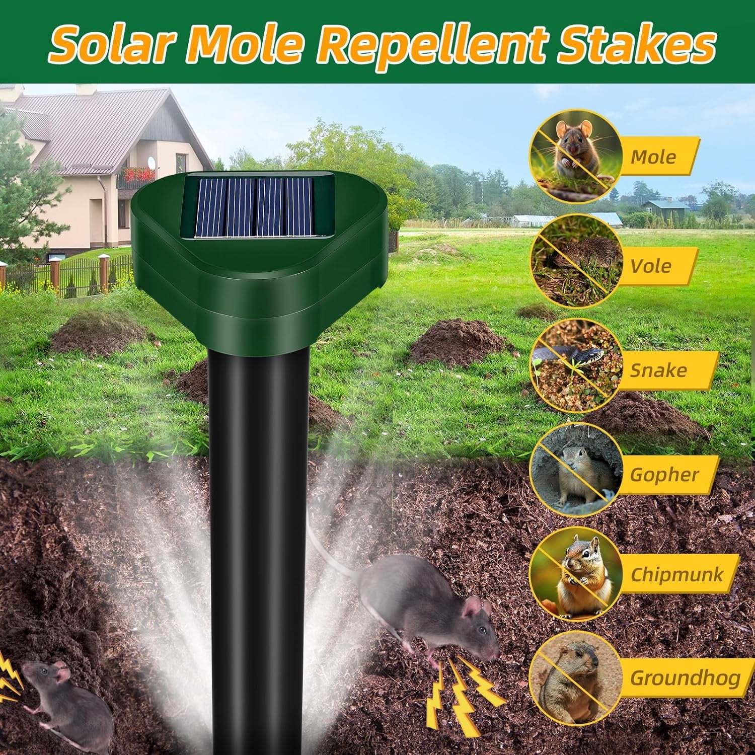 KingFurt 8 Pack Solar Mole Repellent Outdoor, Ultrasonic Mole Repellent Stakes for Lawn Garden Yard