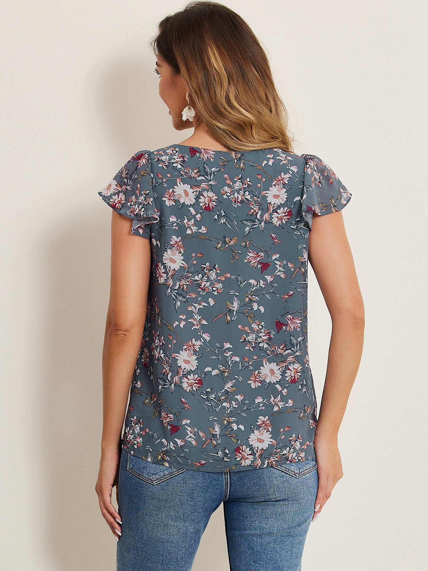 DARING DIVA Women's Floral Ruffle Sleeve Chiffon Blouse Top XL Grey Blue