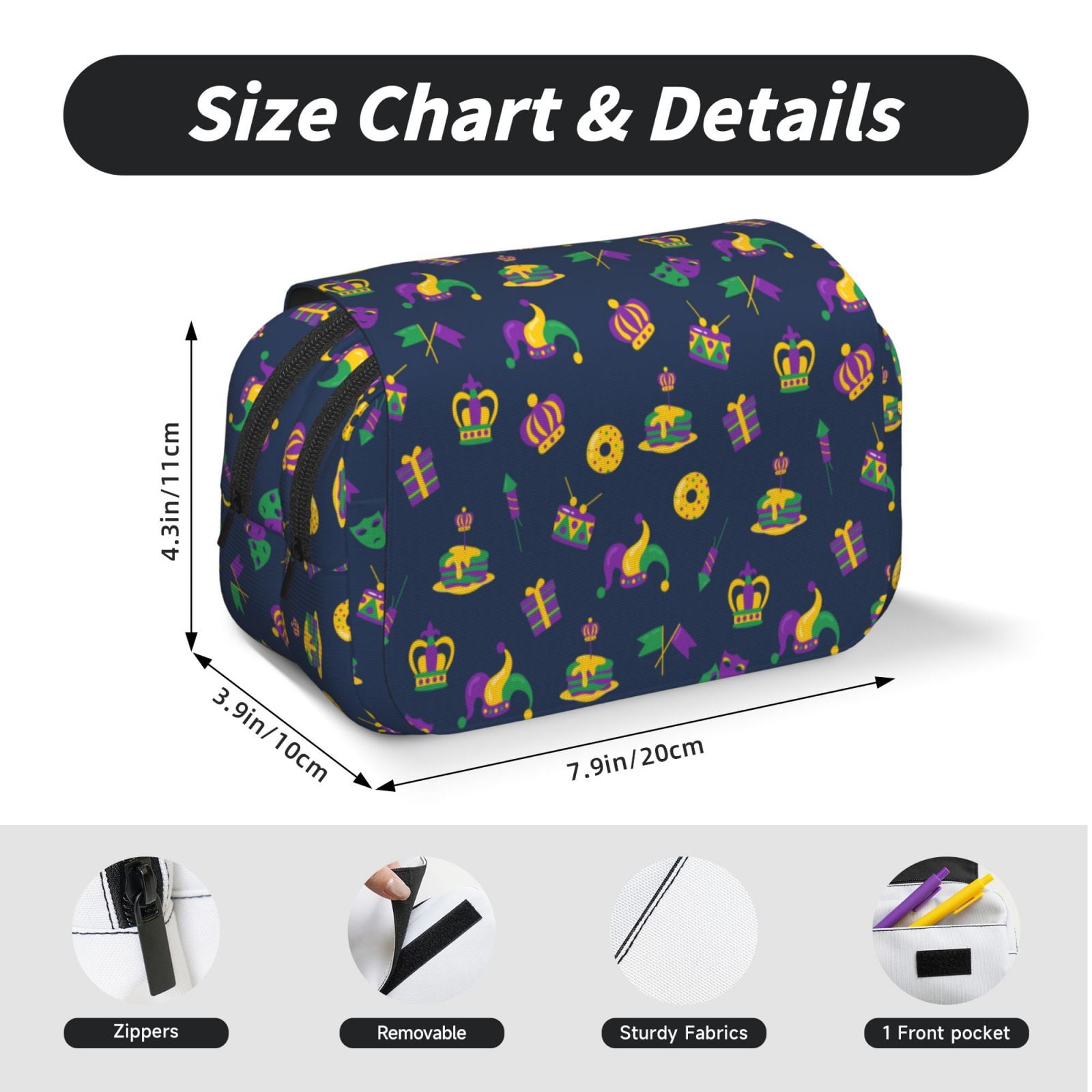 Rateoe Mardi Gras Carnival Pattern Double Clamshell Pen Case, Storage Organizer with Two Zipper Compartments– Holds Up to 50 Pencils & Pens