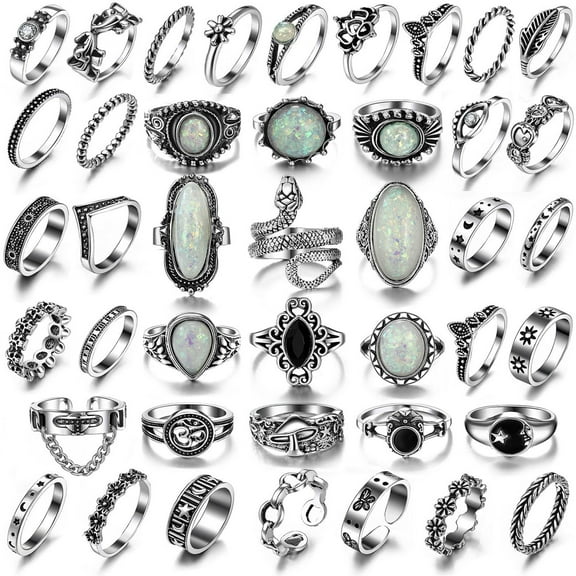 42pcs Vintage Silver Knuckle Rings Set for Women Men, Chunky Rings Aesthetic Snake Grunge Stackable Gothic Ring Y2K Punk Bulky Boho Finger Rings,  Fairy Skull Frog Heart Star Flower Midi Ring Pack