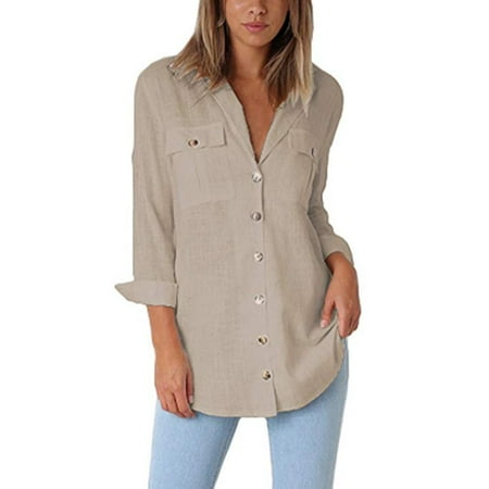 - Womens Casual Loose Roll-up Sleeve Blouse Pocket Button Down Shirts Tops