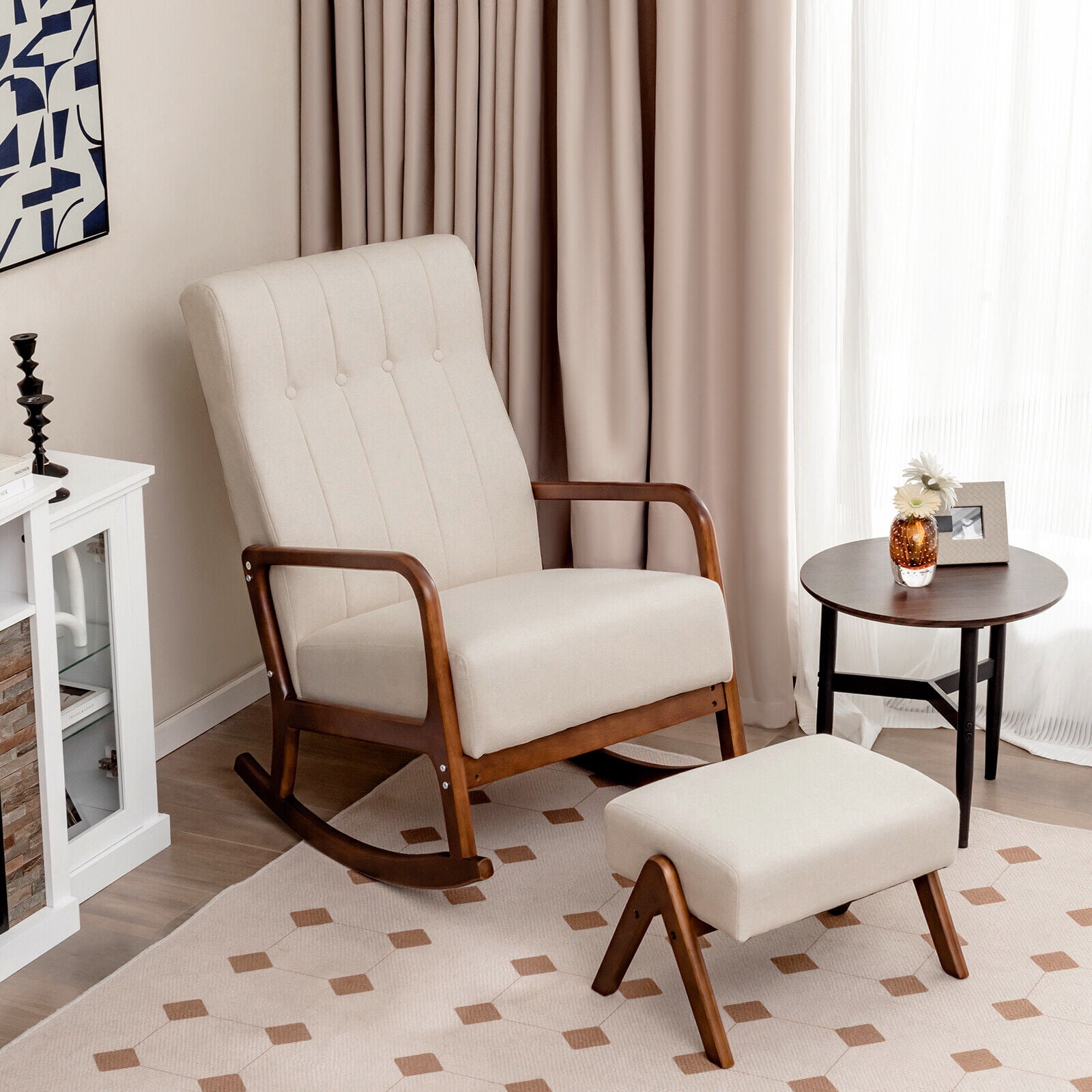 Amijoy Nursery Rocking Chair with Ottoman Upholstered Fabric Glider Rocker Solid Wood Beige