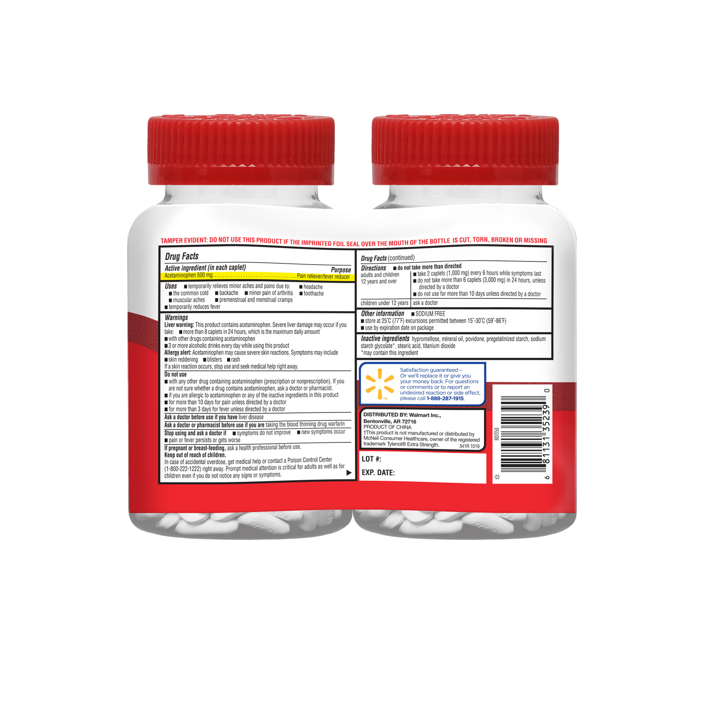 Equate Extra Strength Acetaminophen Pain Reliever Caplets, 500 mg, 1000 Count