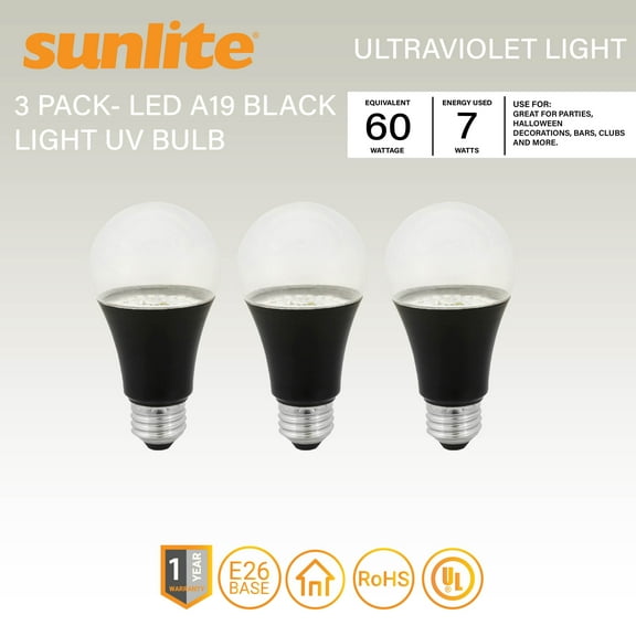 Sunlite LED A19 Black Light Bulb, 7 Watt, Medium Base (E26), Non-Dim, 390-405nm Wavelength, Glow Parties, Blacklight Blue, Decoration, Special Effects, Security Applications, UL Listed, 3 Pack