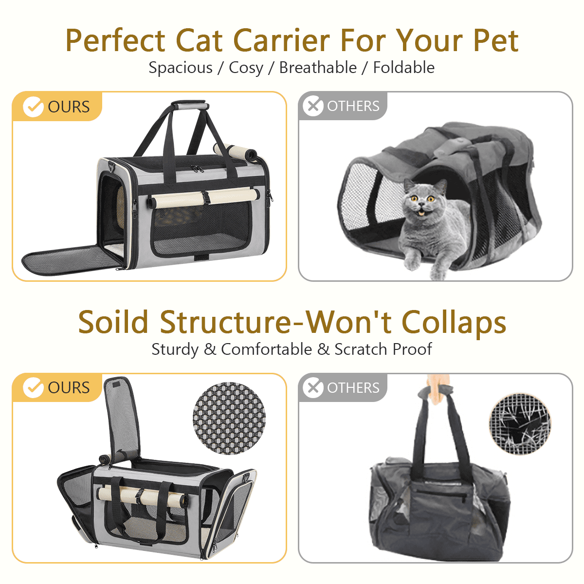 CshidWorld TSA Airline Approved Collapsible Cat Carrier for Large Cats and Small Dogs up to 25lbs, Soft-Sided Travel Dog Carrier (Beige-gary)