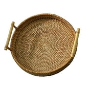 Serving Storage Tray,Hand-Woven Rattan Storage Tray Wicker Basket,Round Handwoven Serving Tray Food Baskets,Decorative Organizer Tray with Handles,Woven Serving Tray Breakfast 24x3cm
