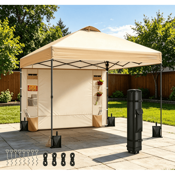 SPECSTAR 10'x10' Pop-up Canopy, One Push Set-up Tent with 1 Sidewall for outside, Beige
