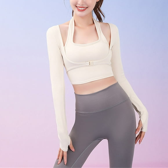 Xysaqa Crop Tops for Women Halter Long Sleeve Yoga Tops with Built In Bra Stretch Fitted Cropped Athletic T Shirts (Fake Two Piece) White 12 Clearance