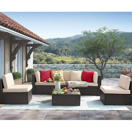 Vineego 6 Pieces Outdoor Patio Furniture Sets Wicker Sectional Sofa PE Rattan Conversation Sets with Cushions, Beige