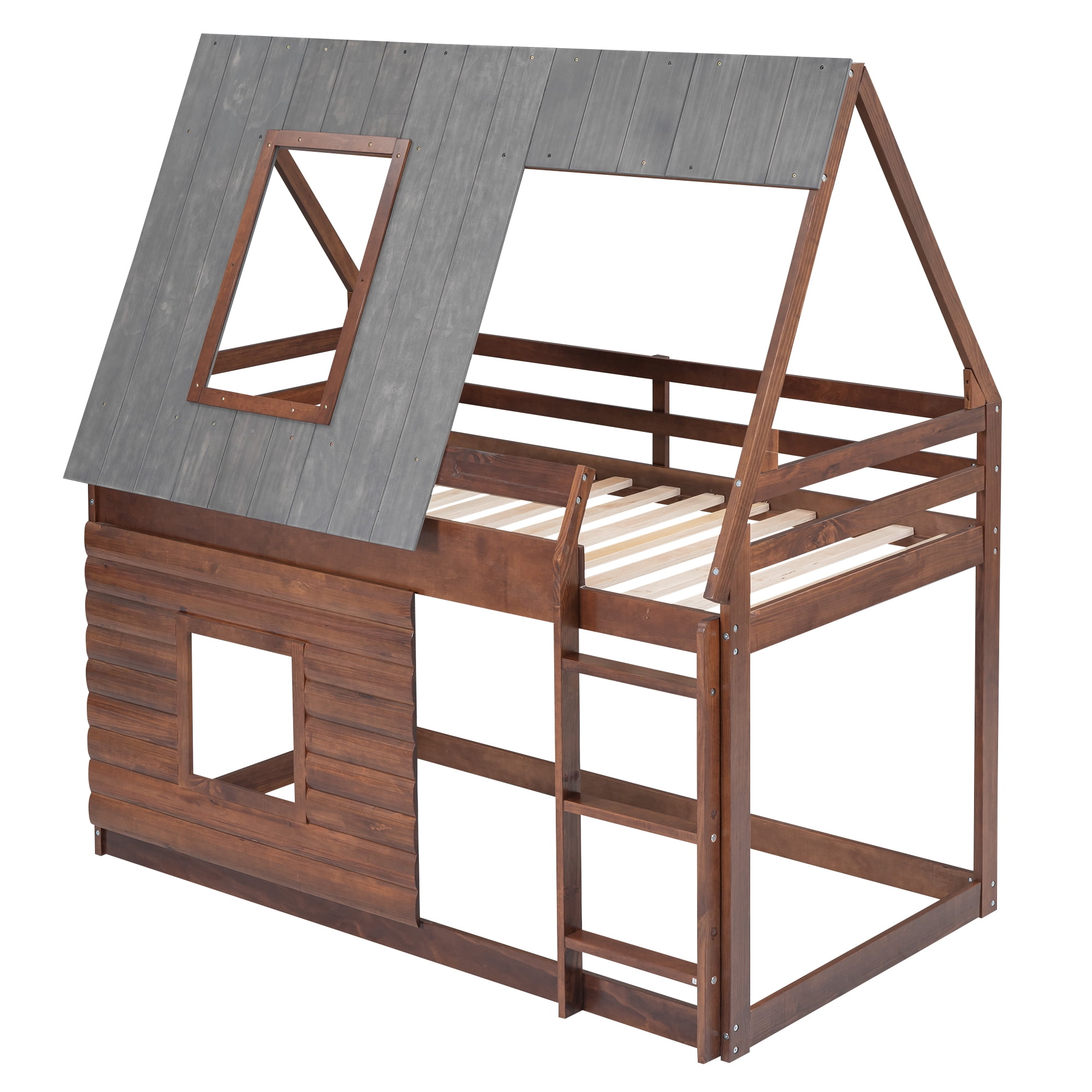 EUROCO Twin over Twin House Bunk Bed with Roof for Kids Teens Bedroom, Grey