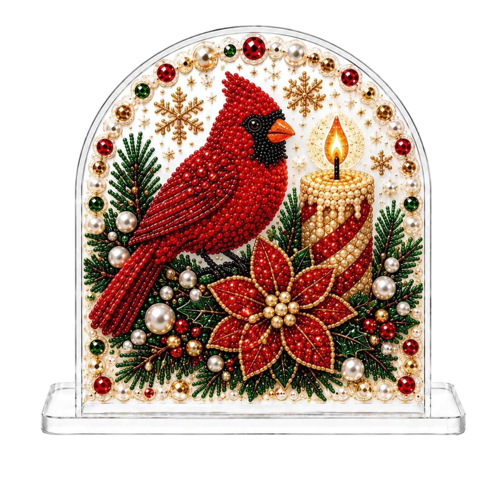 Christmas Pearl Diamond Art Kit with Acrylic Tissue Box Holder 1 Piece Cardinal and Candle Design for Holiday Home Display Craft Decoration