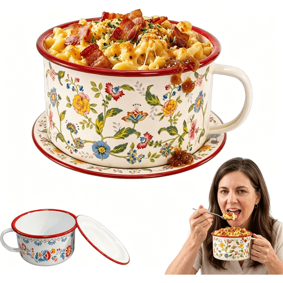 Soup Mug with Plate Lid, 40OZ Large Wide Soup Mug Cereal Bowl, Vintage Floral for Ramen,Oatmeals, Salad, Pastas, Camping(RL)