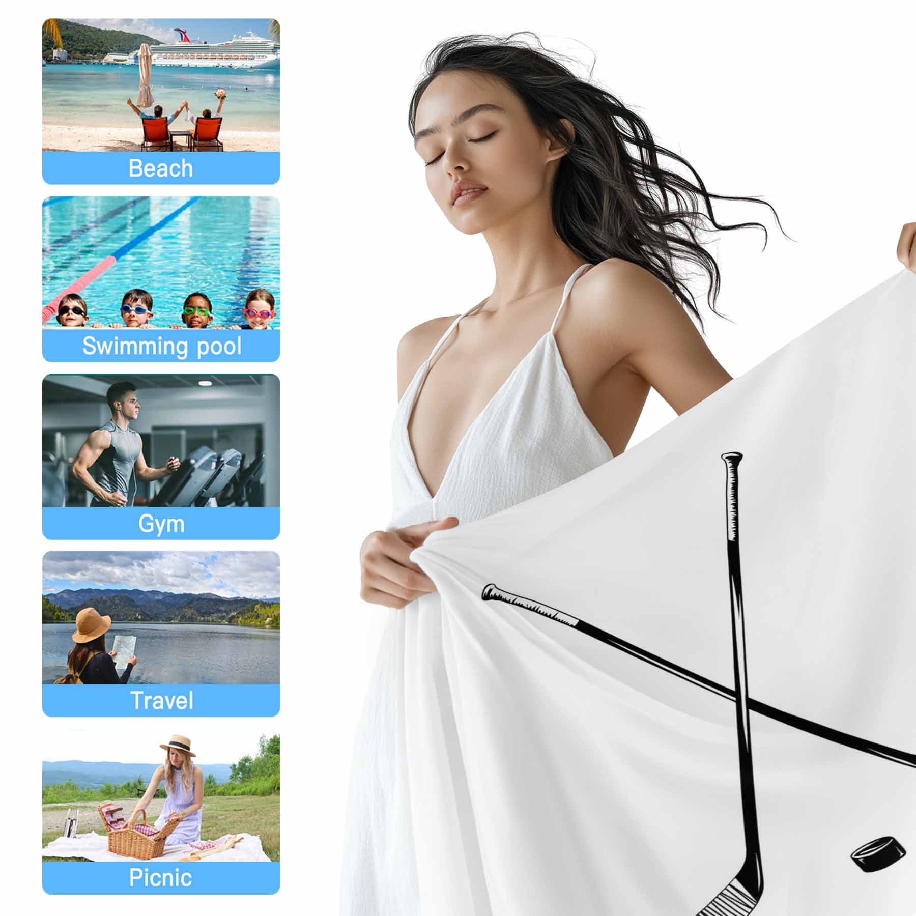 Beach Towel Hockey Player Bath Pool Towels Sports Ground White Absorbent Beach Towel Soft Large Quick Dry Lightweight Camping Travel Sports Yoga Gym Swim Towels for Adult 35x70 Inch