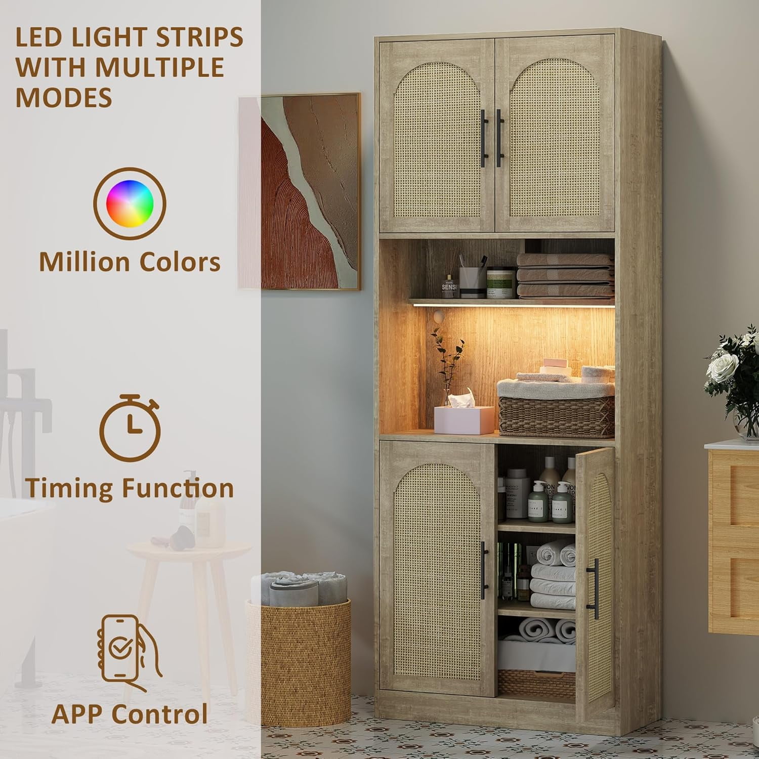 Garvee 71" Tall Kitchen Pantry Storage Cabinet with RGB Lights, Freestanding Pantry Cabinet with Microwave Shelf, Minimalist Hutch for Dining Room, Bathroom, Living Room, Oak