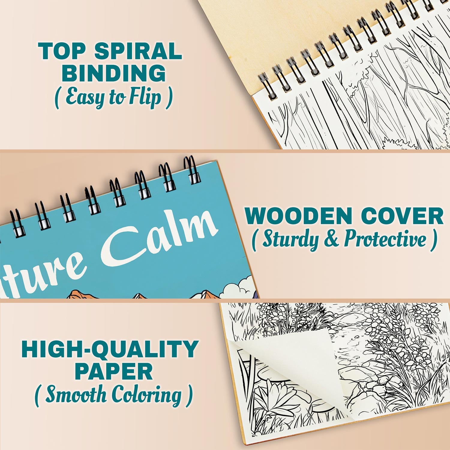 Netecom Nature Calm Coloring Book Spiral Bound for Adults, A5 Wooden Cover, 30 Peaceful Coloring Pages of Tranquil Landscapes for Stress Relief and Relaxation