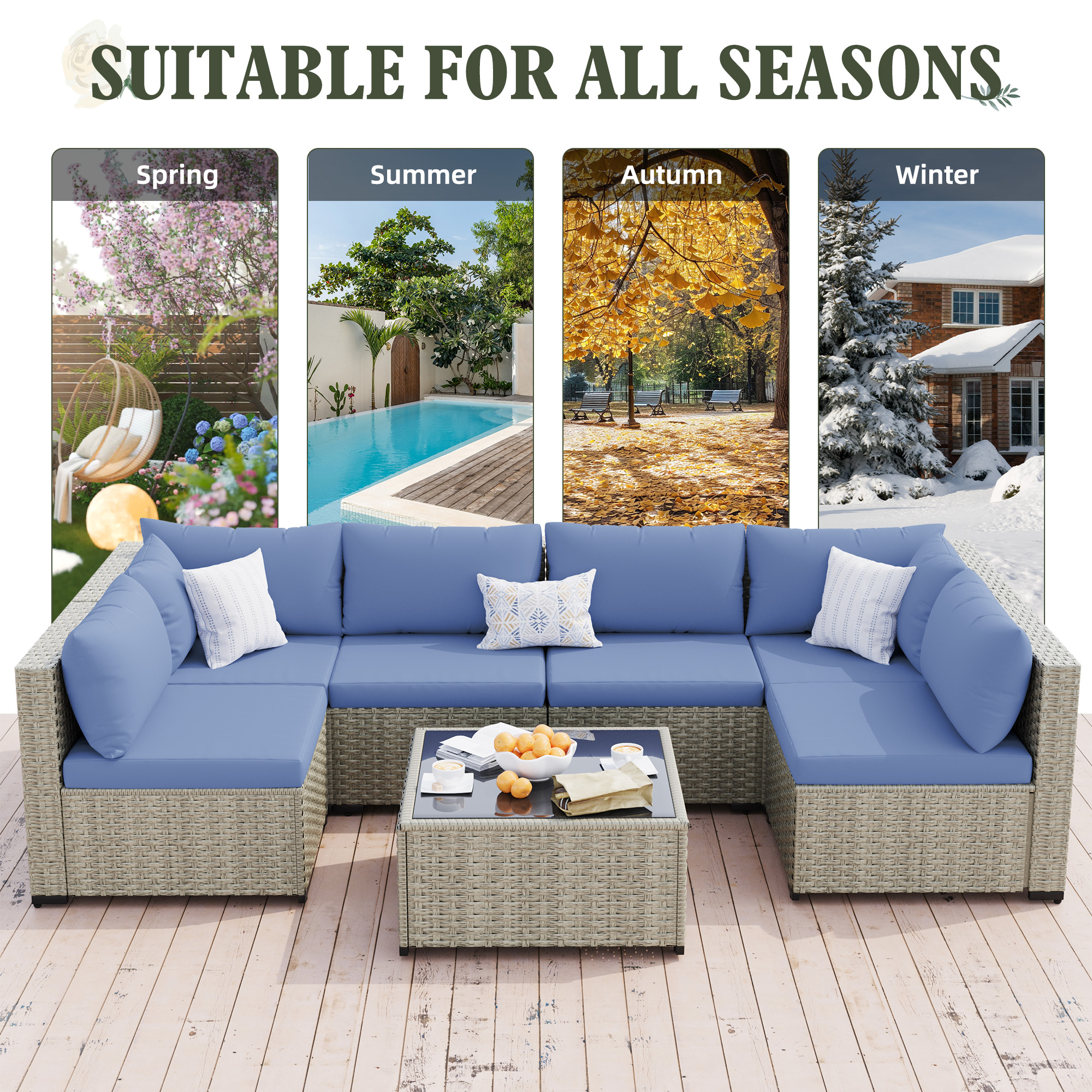 MRUAKA Outdoor Patio Furniture Set, 7-Piece Modular Sectional Sofa With Tea Table and Free Cushion, PE Wicker Outdoor Conversation Set for Patio, Garden, Backyard,Haze Blue