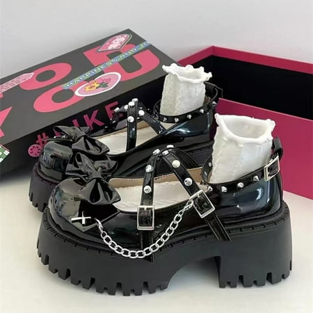 

Bow Thick Sole Punk Rivet Leather Shoes for Women 2024 New Summer Shallow Girls Mary Jane Shoes Platform Sneakers black 38
