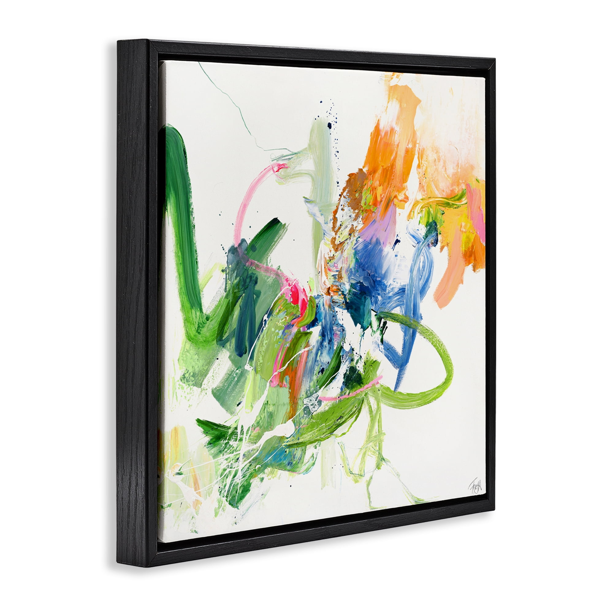 Confident Green Abstraction Black Framed Floater Canvas Wall Art, design by Design Fabrikken