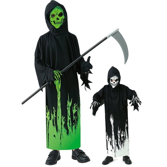 WIBACKER Halloween Glow In The Dark Grim Reaper Costume for Kids, Cosplay Robe with Scary Scythe for Boys Girls, 5-12 Years