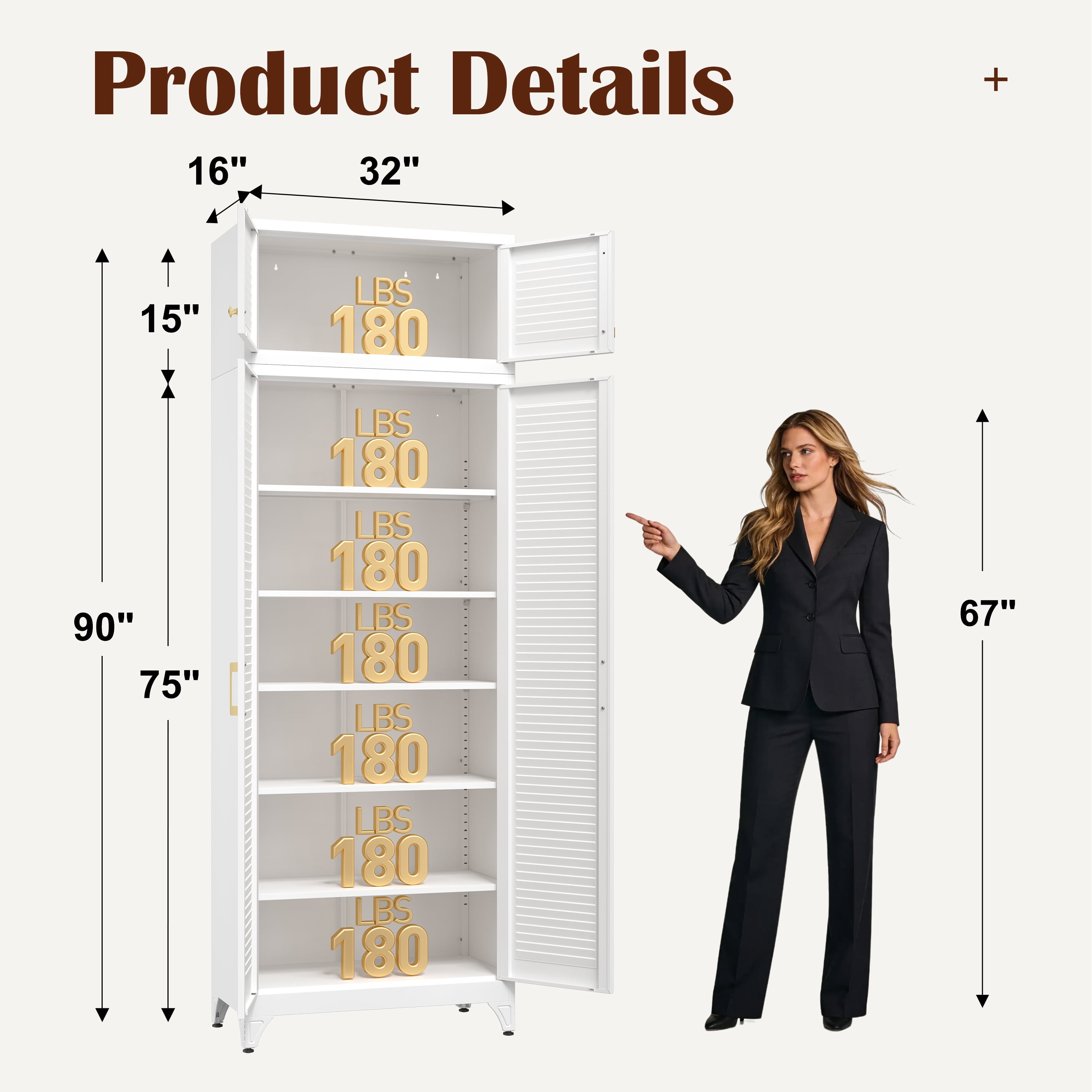Polup 90" Height Modern Metal White Pantry Cabinet with 4 Doors and Adjustable Shelves, 1 Pack