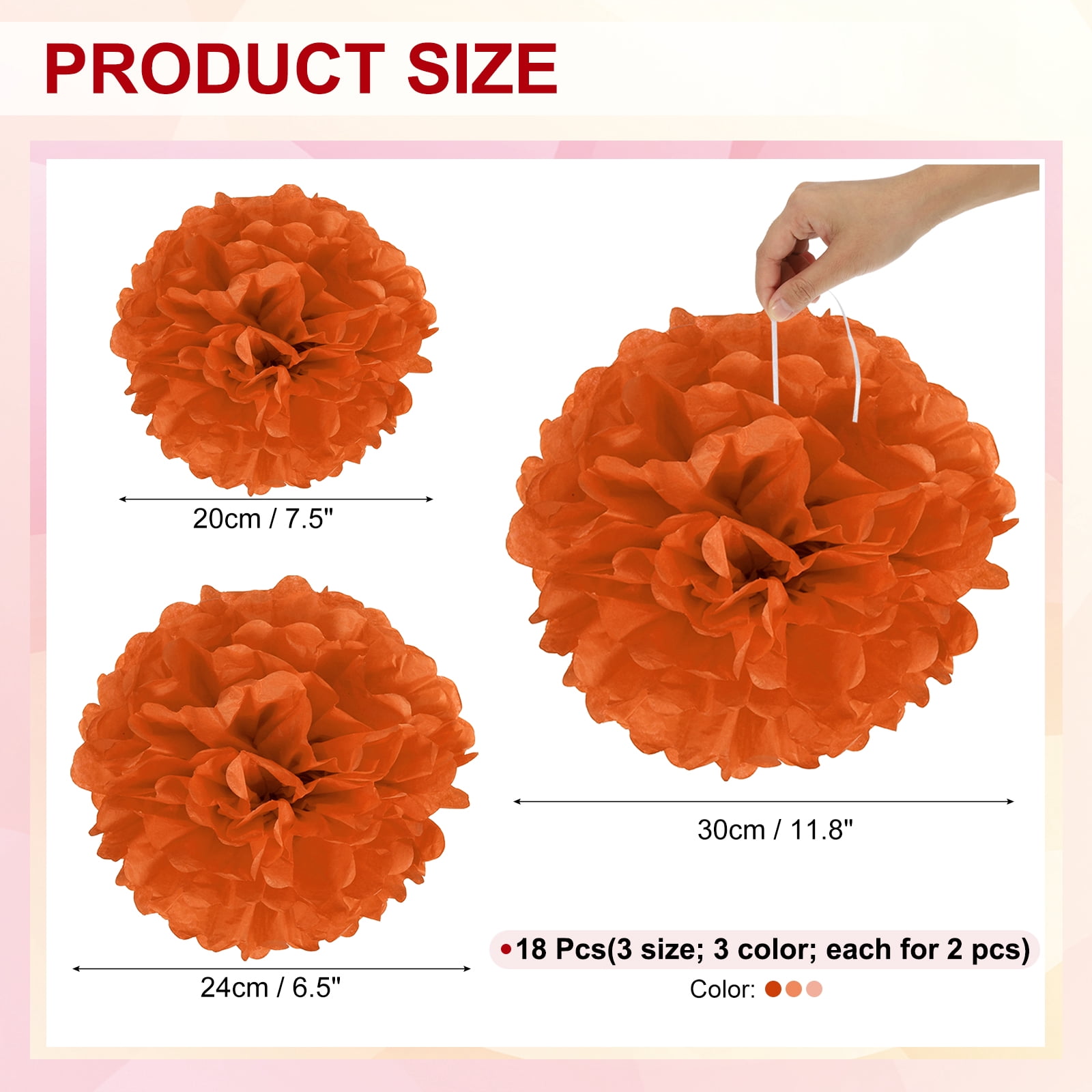 8" 10" 12" Tissue Paper Pom Poms, 18PCS Pom Poms Paper Flowers Ball Tissue Paper Flowers Assorted Size for Wedding Bridal Shower Birthday Party Backdrop Decoration, Orange Tone