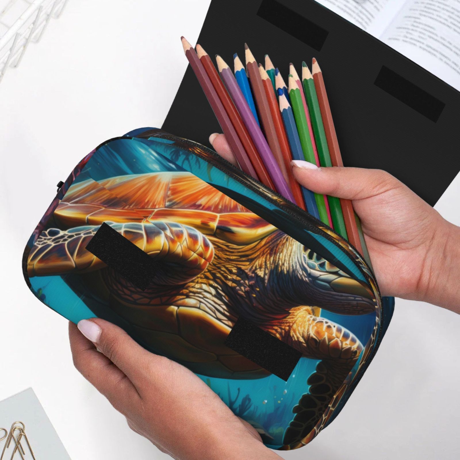 Rateoe Colorful Flower Sea Turtle Pattern Double Clamshell Pen Case, Storage Organizer with Two Zipper Compartments– Holds Up to 50 Pencils & Pens
