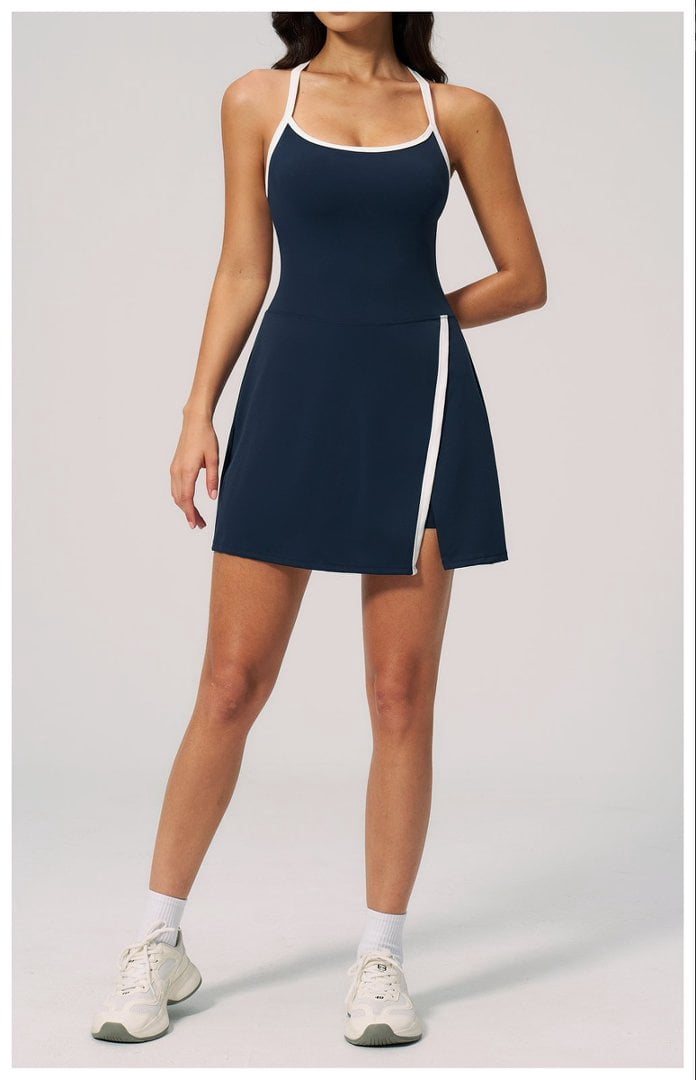PISONIC Womens Workout Athletic Mini Dress with Built-in Shorts Sleeveless Cutout Tennis Dress