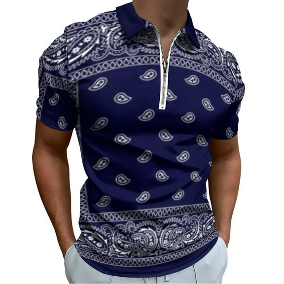 Bandana Blue Men Zipper T-shirt Summer Casual Short Sleeve T-shirt Top