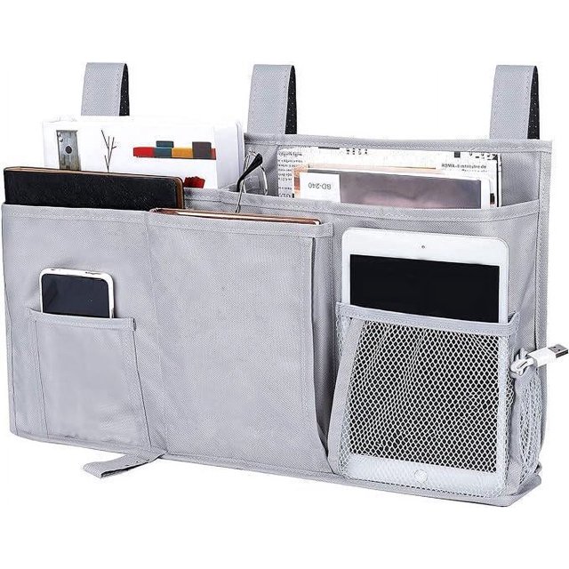 Organizador colgante gris para guardar cosas en la cama, bolsillo de tela Oxford para guardar cosas junto a la cama para teléfono, libros, revistas y control remoto