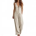 thumbnail image 2 of Hvogkswy Linen Jumpsuits for Women Ruffled V-Neck Button Front Sleeveless Jumpsuit with Pockets Comfy Loose Breathable Summer Casual Wide Leg Romper, 2 of 7
