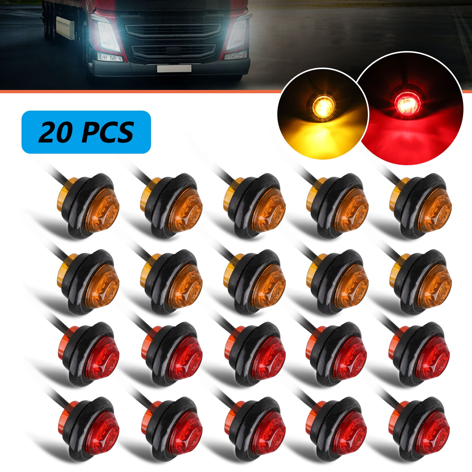 20x 3/4" Mini Bullet Amber Side Marker Lights Truck Trailer w/Chrome Grommet