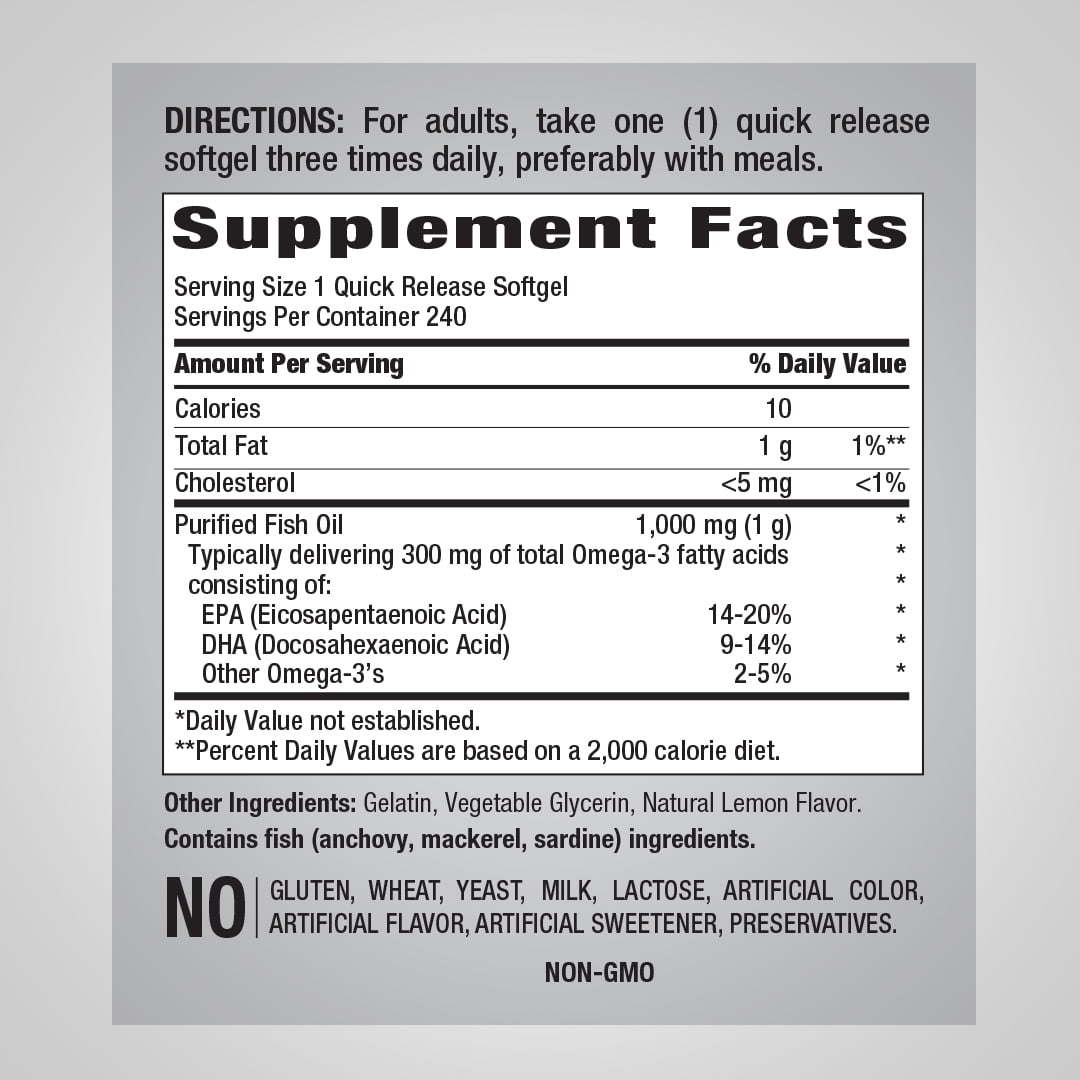 Fish Oil 1000 mg | 240 Softgels for Men and Women | Lemon flavor | by Piping Rock