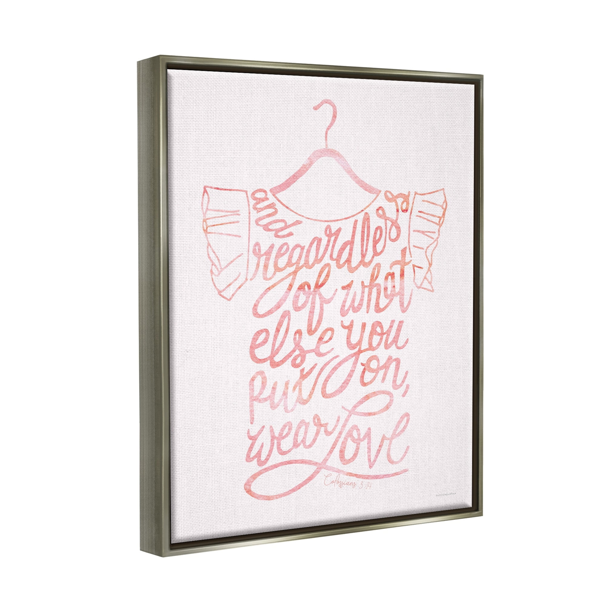 Stupell Industries Wear Love Fashion Calligraphy Religious Inspirational Quote Graphic Art Luster Gray Floating Framed Canvas Print Wall Art, Design by Kamdon Kreations