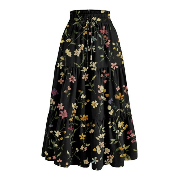 WTOBBY Women's Casual Floral Print Drawstring Skirt Elastic Waist Maxi Skirt Lightweight Summer Beach Skirt Flowy Tiered Boho Long Skirt with Waist Tie,Black L