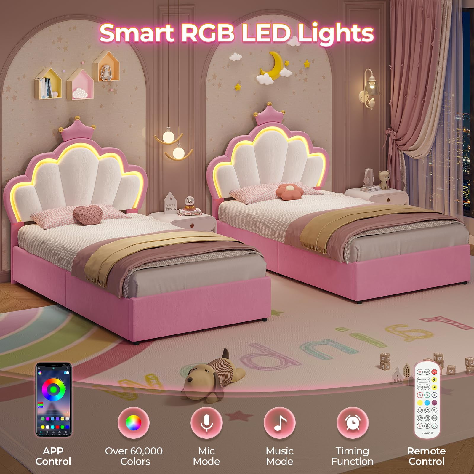 Twin Bed Frame with 4 Drawers, LED Lights Headboard,Twin Girl Bed Princess Velvet Upholstered Platform Bed,Heavy Steel Slats Support, Pink