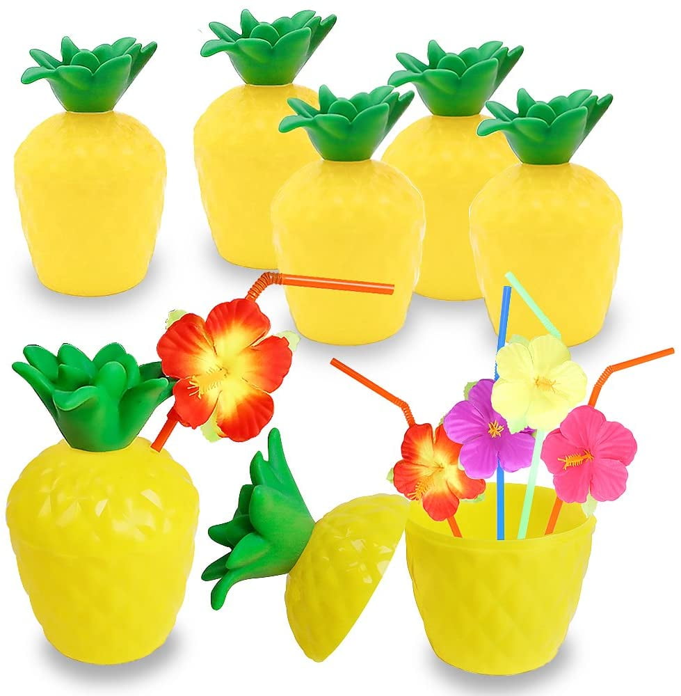 Coconut 10Pcs Plastic Coconut Pineapple Drink Cup & Straw Summer Theme Birthday Party Decoration Supplies Hawaiian Luau Party Tableware Drinking Straws Cups Wedding Beach Party Decor Favors 