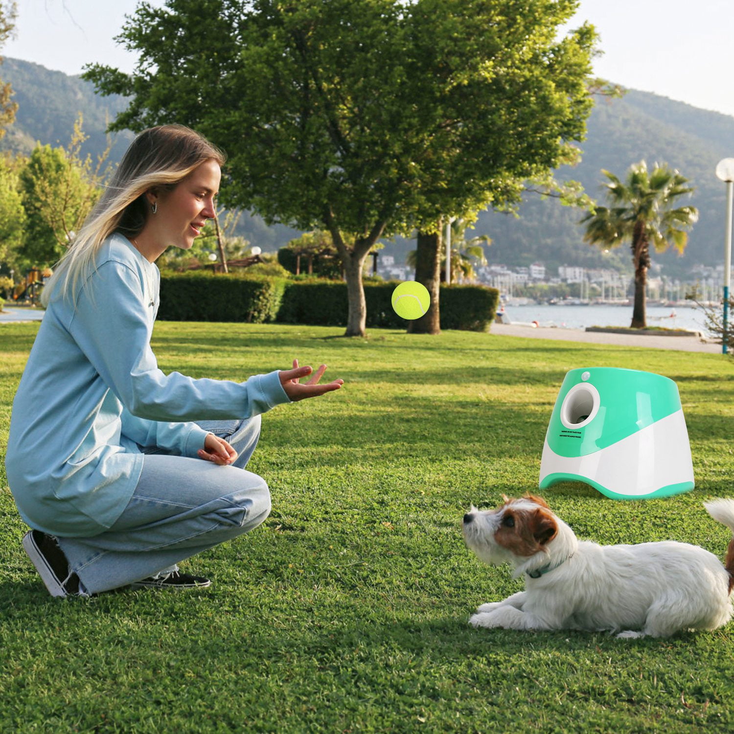 Imountek Automatic Dog Ball Launcher, 3 Adjustable Distances Interactive Dog Ball Thrower Fetch Machine with 6 Tennis Balls