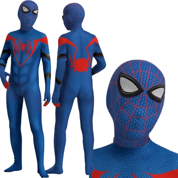 Superhero Cosplay Jumpsuit for Adults, Adult Spider Manlike Cosplay Costume Jumpsuit, Full Body Lycra Spandex Bodysuit Zentai Suit Halloween Dress Up Clothes Costume Accessories, Blue, 120