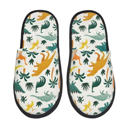 Balery Dinosaurs and Tropical Leaves Slient Indoor Furry Fleece Comfort House Shoes Soft Non-Slip Home Shoes Cotton slippers House Slippers-- Large