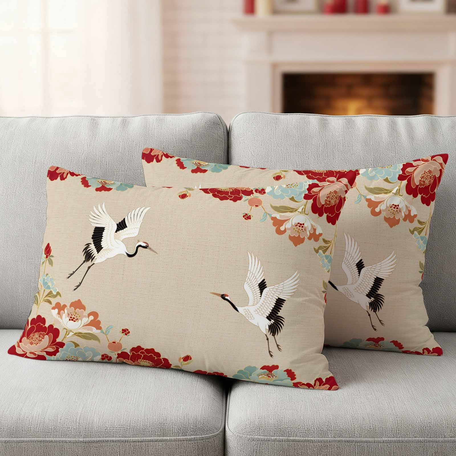 Pack of 2 Rustic Crane Outdoor Pillow Covers Decorative, Waterproof Pillow Protector, Vintage Red Teal Spring Floral Botanical Lumbar Throw Pillowcases for Patio Couch Sofa Home Decor 20"x12"