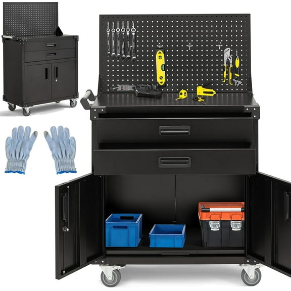 52'' Work Bench for Garage with Pegboard Drawers and Cabinets Heavy Duty Metal Frame Tool Bench for Shop Kitchen Cabinets Organizer Work Table with Wheels
