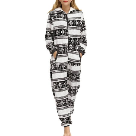 

Gwiyeopda Women Christmas Pajamas Onesies Deer Snowflake Long Sleeve Hooded Jumpsuit Sleepsuits