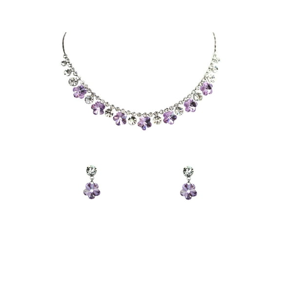 Faship Violet Purple Premium Rhinestone Crystal Floral Necklace Earrings Set