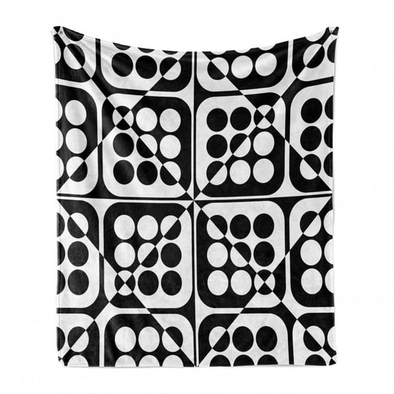 Abstract Soft Flannel Fleece Throw Blanket, Illustration of Monochrome Diagonal Squares with Polka Dots, Cozy Plush for Indoor and Outdoor Use, 50" x 60", Charcoal Grey and White, by Ambesonne