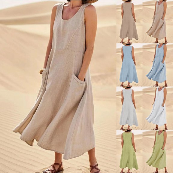 HAJWOH Summer Dresses for Women Cotton Linen Dresses for Beach Vacation Sleeveless Loose Maxi Dress with Pockets