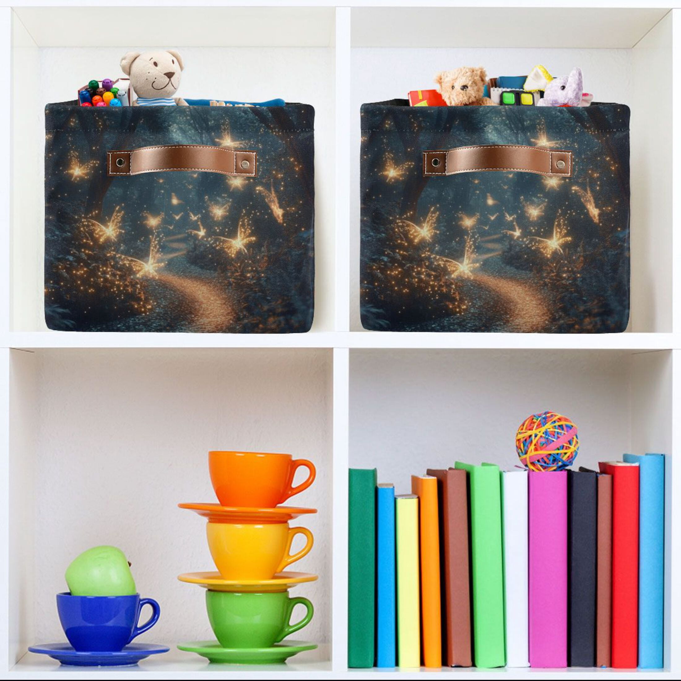 Fantasy Forest at Night Foldable Storage Basket,Canvas Fabric Foldable Storage Bins with Handles Open Home Storage Bins Boxes for Toy Book Shelf Closet Baskets