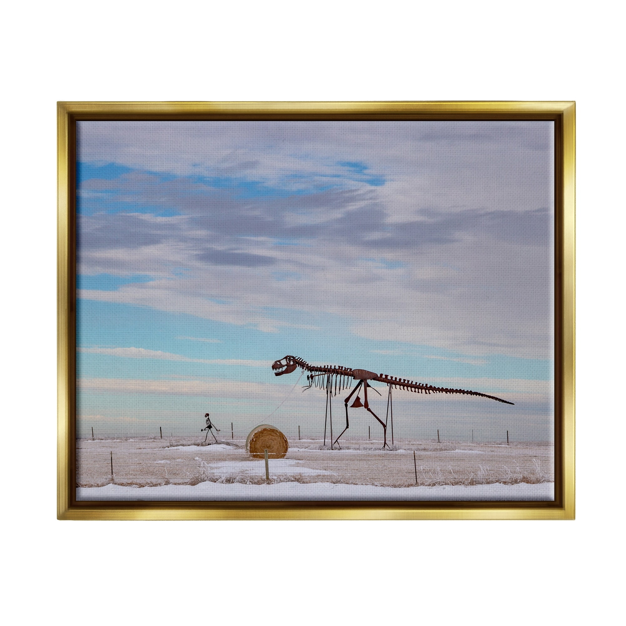 Stupell Industries Person Walking Dinosaur Skeleton Beach Sand Dunes Photograph Metallic Gold Floating Framed Canvas Print Wall Art, Design by Jeff Poe Photography