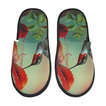 Balery Hummingbird Floral Paradise Slient Indoor Furry Fleece Comfort House Shoes Soft Non-Slip Home Shoes Cotton slippers House Slippers-- Large