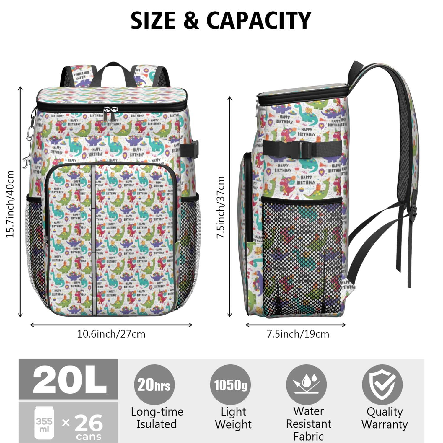 Travel Cooler Bag - Colorful Dinosaurs Birthday Text Pattern Camping Beer Cooler Backpack with Bottle Opener- Waterproof Insulated Picnic Backpacks - Cooler Bag for Beach